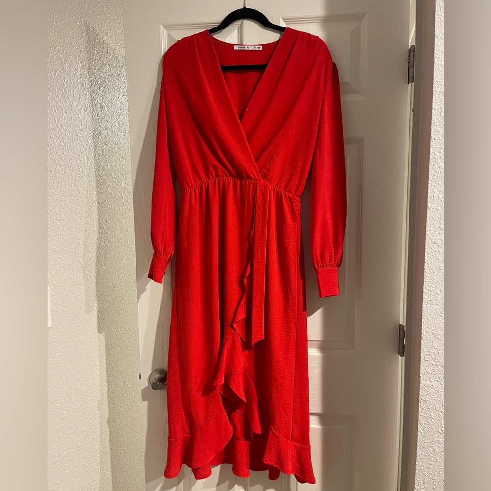 Red Faux Wrap Ruffle Long Sleeve Dress (Fraiche by J)